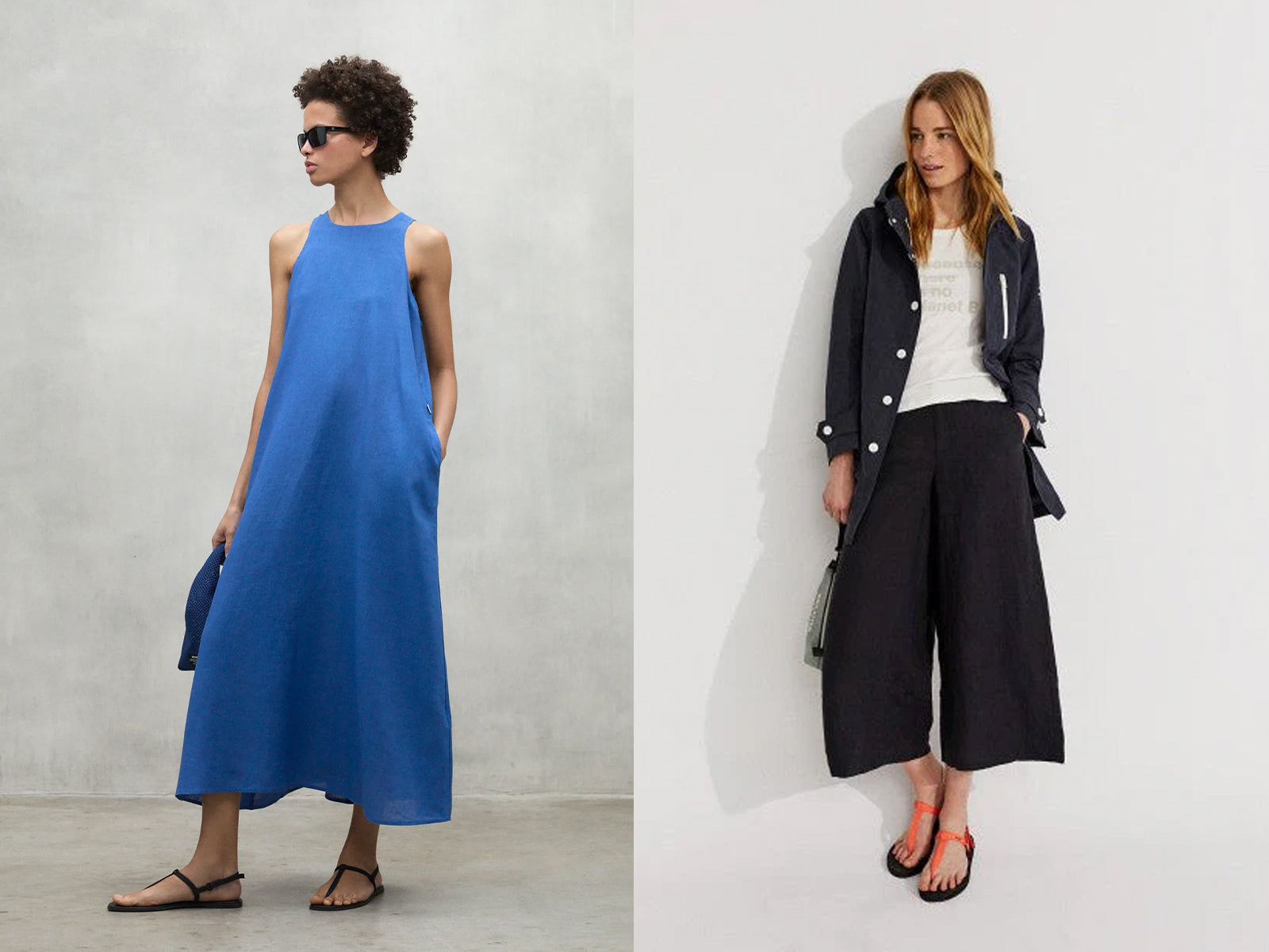 A side-by-side fashion comparison featuring two models. On the left, a model wears a sleeveless, high-neck blue midi dress.