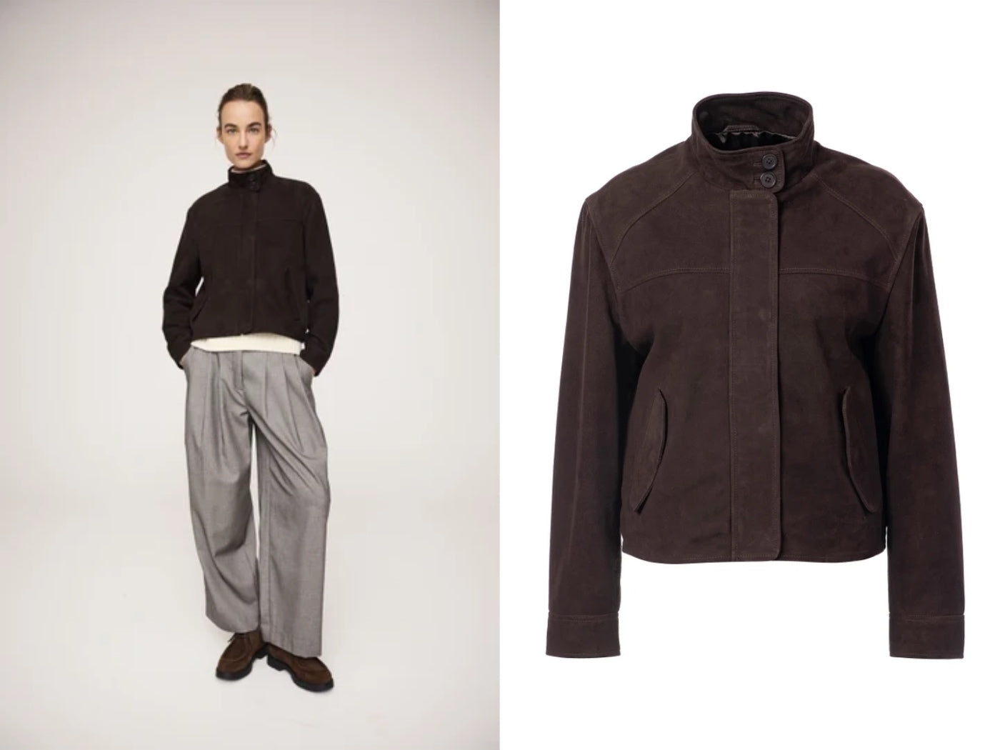 two picture of the JcSophie brown suede jacket on eth left worn by a model and on the right a flat shot of the jacket on its own