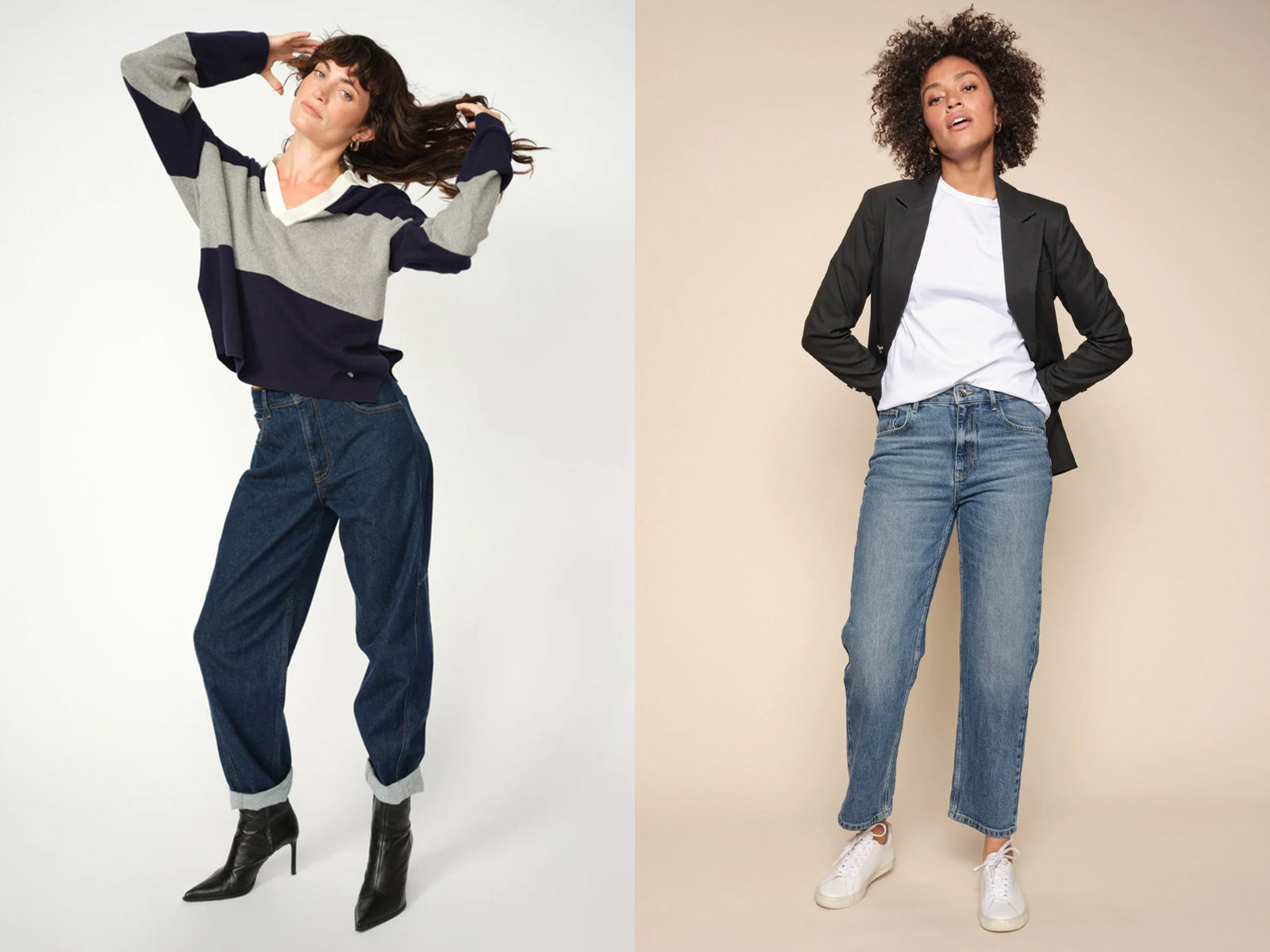 Two women modelling Mos Mosh jeans against a white studio background.
