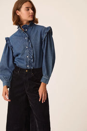 Des Petits Hauts Lazou ruffle denim shirt - mid wash