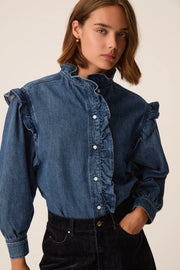 Des Petits Hauts Lazou ruffle denim shirt - mid wash