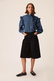 Des Petits Hauts Lazou ruffle denim shirt - mid wash