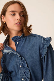Des Petits Hauts Lazou ruffle denim shirt - mid wash
