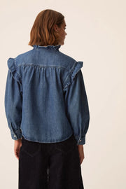 Des Petits Hauts Lazou ruffle denim shirt - mid wash
