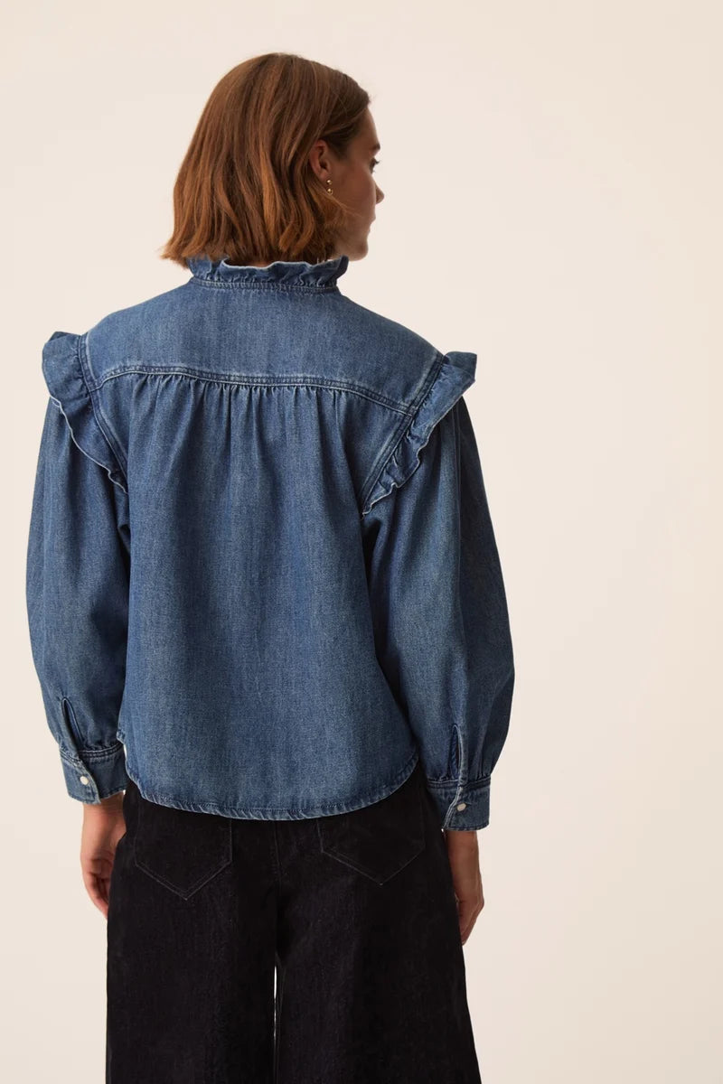 Des Petits Hauts Lazou ruffle denim shirt - mid wash