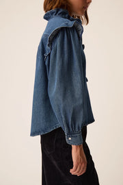 Des Petits Hauts Lazou ruffle denim shirt - mid wash