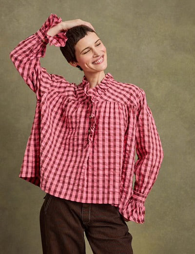 Penelope Chilvers portobello check ruffle blouse - pink / brown