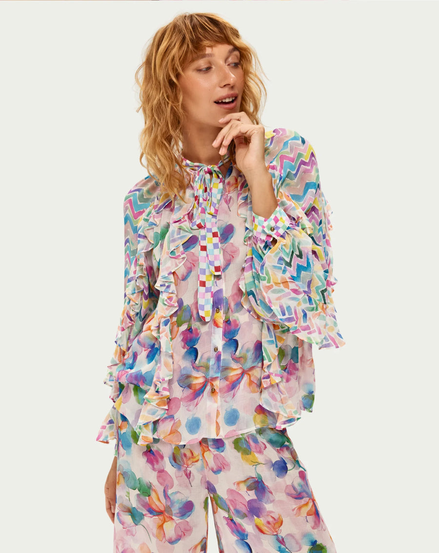 Me369 Holly tie neck ruffle top - mulit