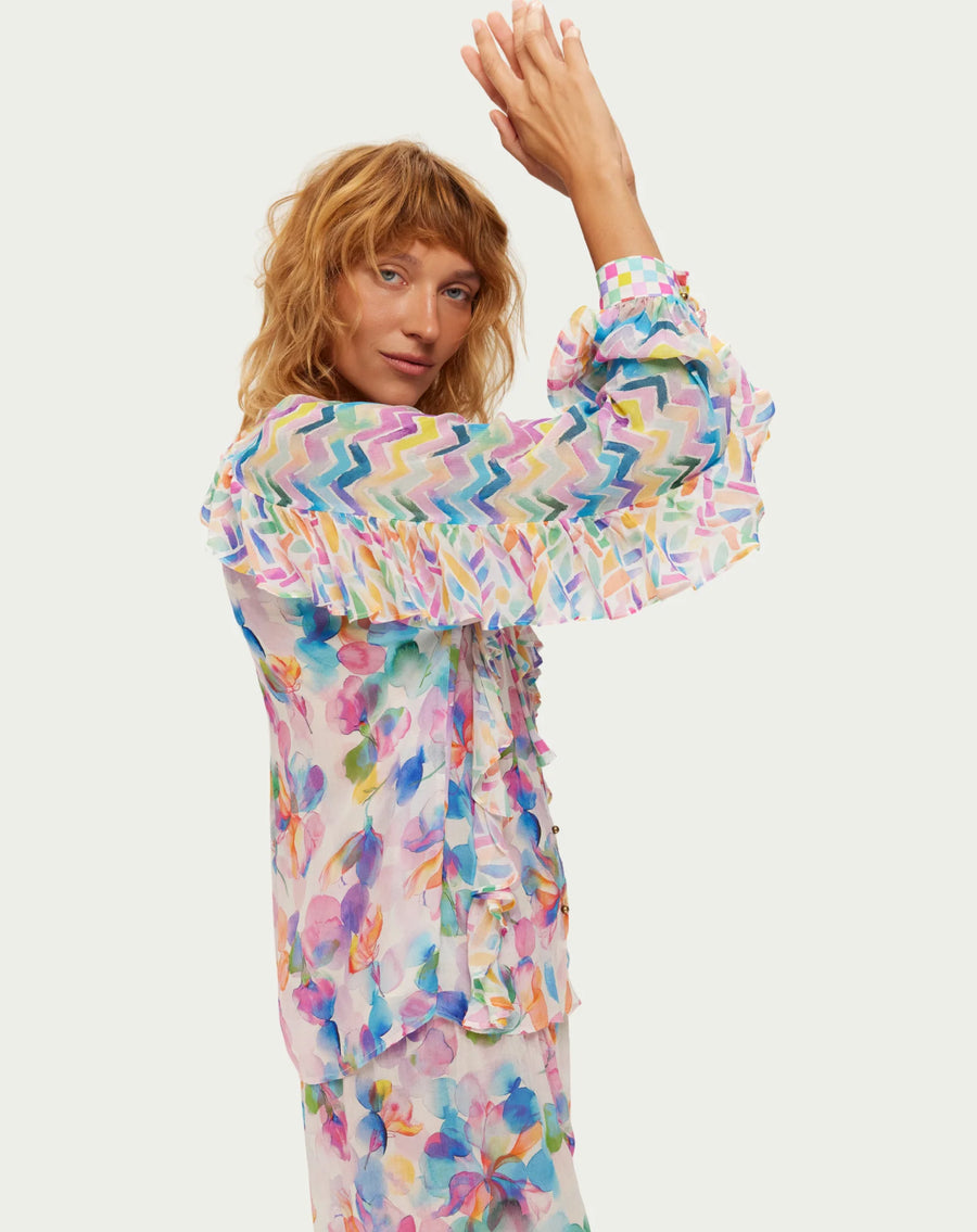 Me369 Holly tie neck ruffle top - mulit