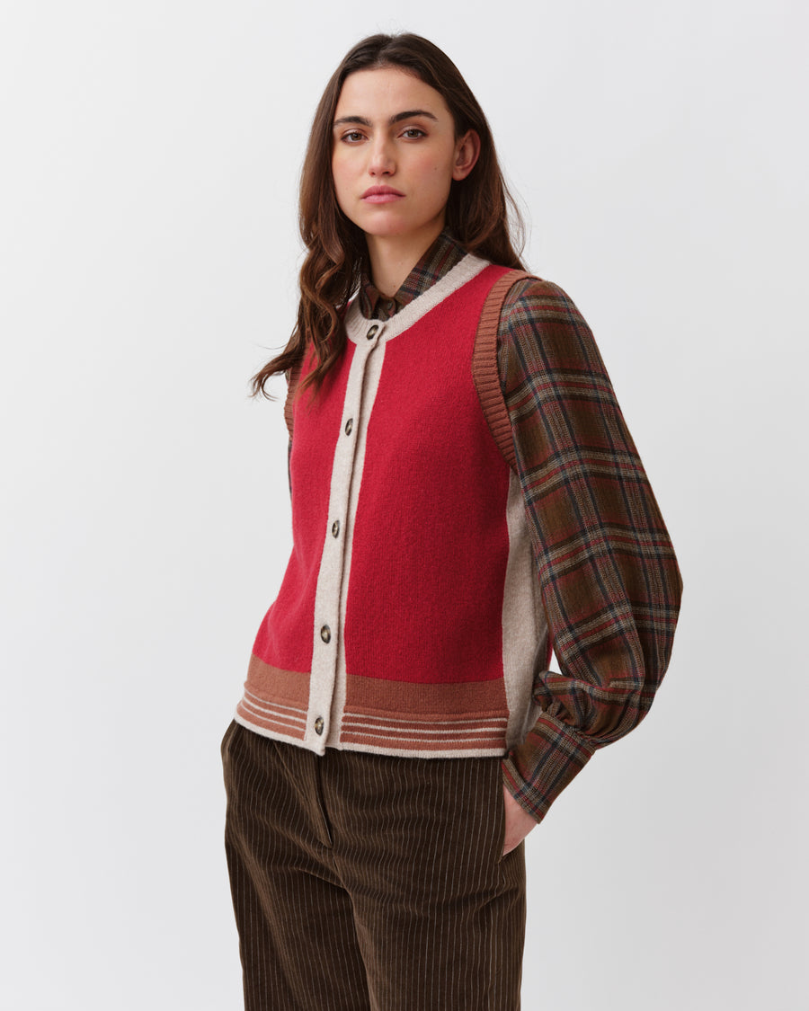 Diega Giamo button through knitted vest - red/ecru/camel