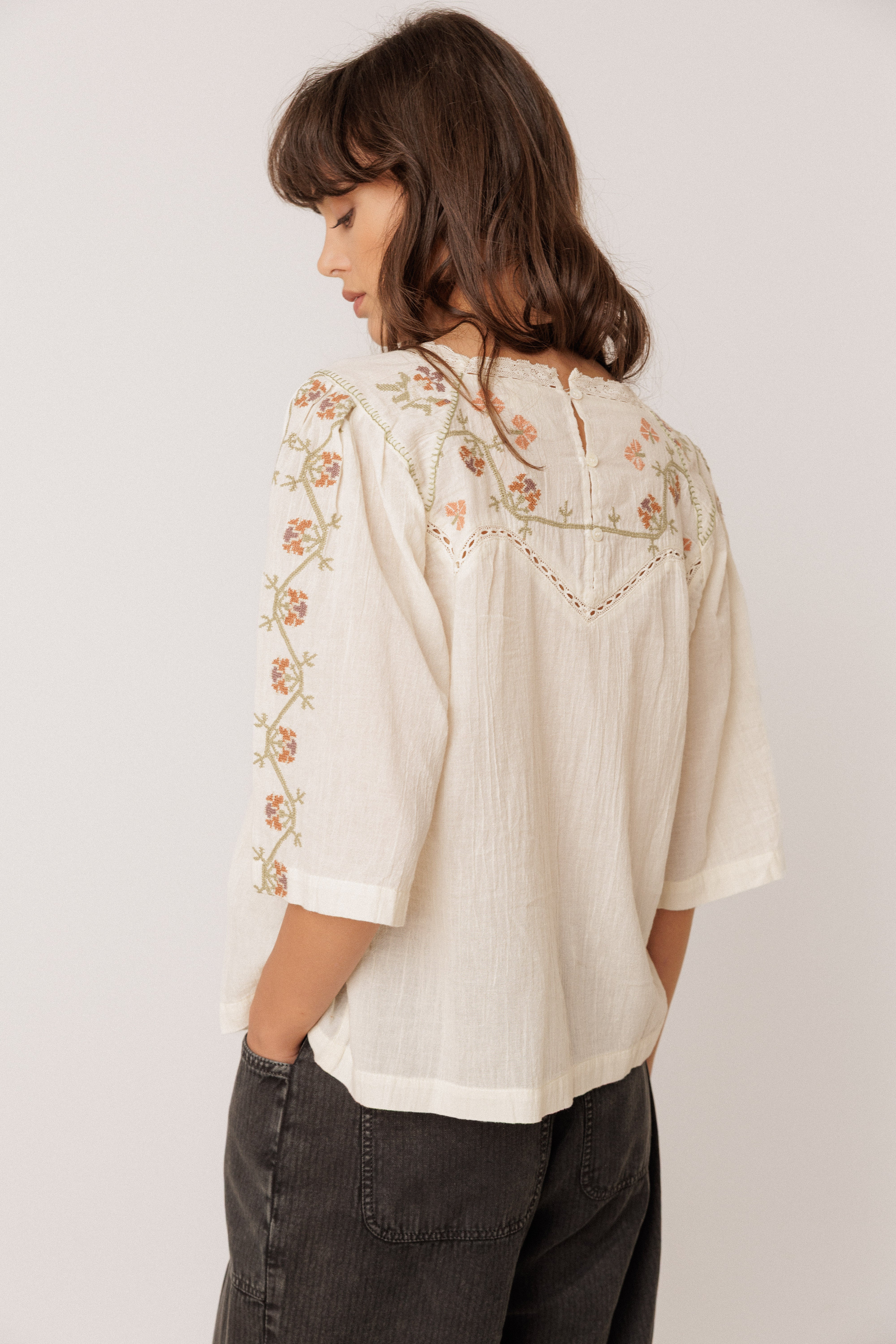 Indi & Cold short sleeved embroidered top - ecru