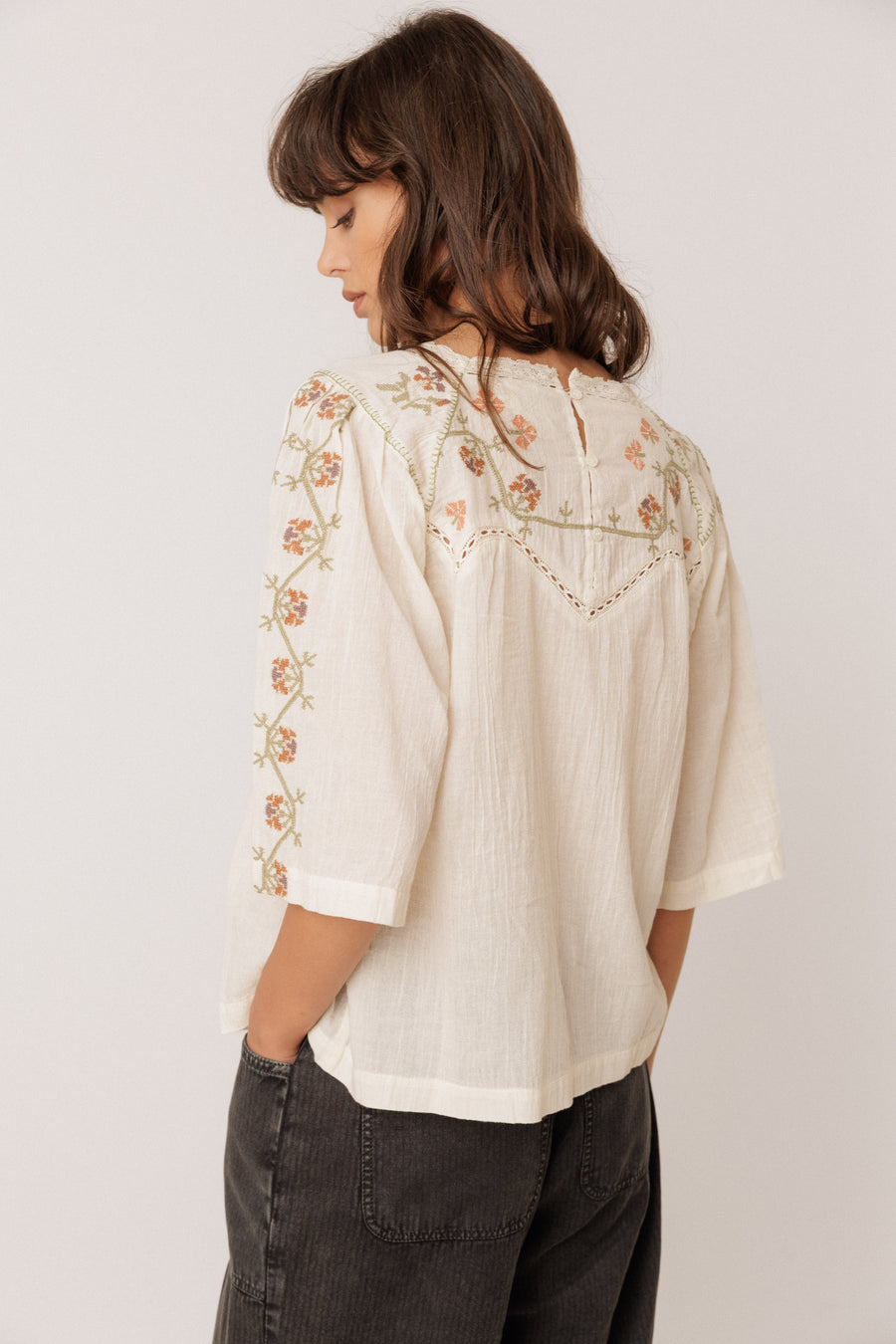 Indi & Cold short sleeved embroidered top - ecru