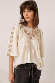 Indi & Cold short sleeved embroidered top - ecru