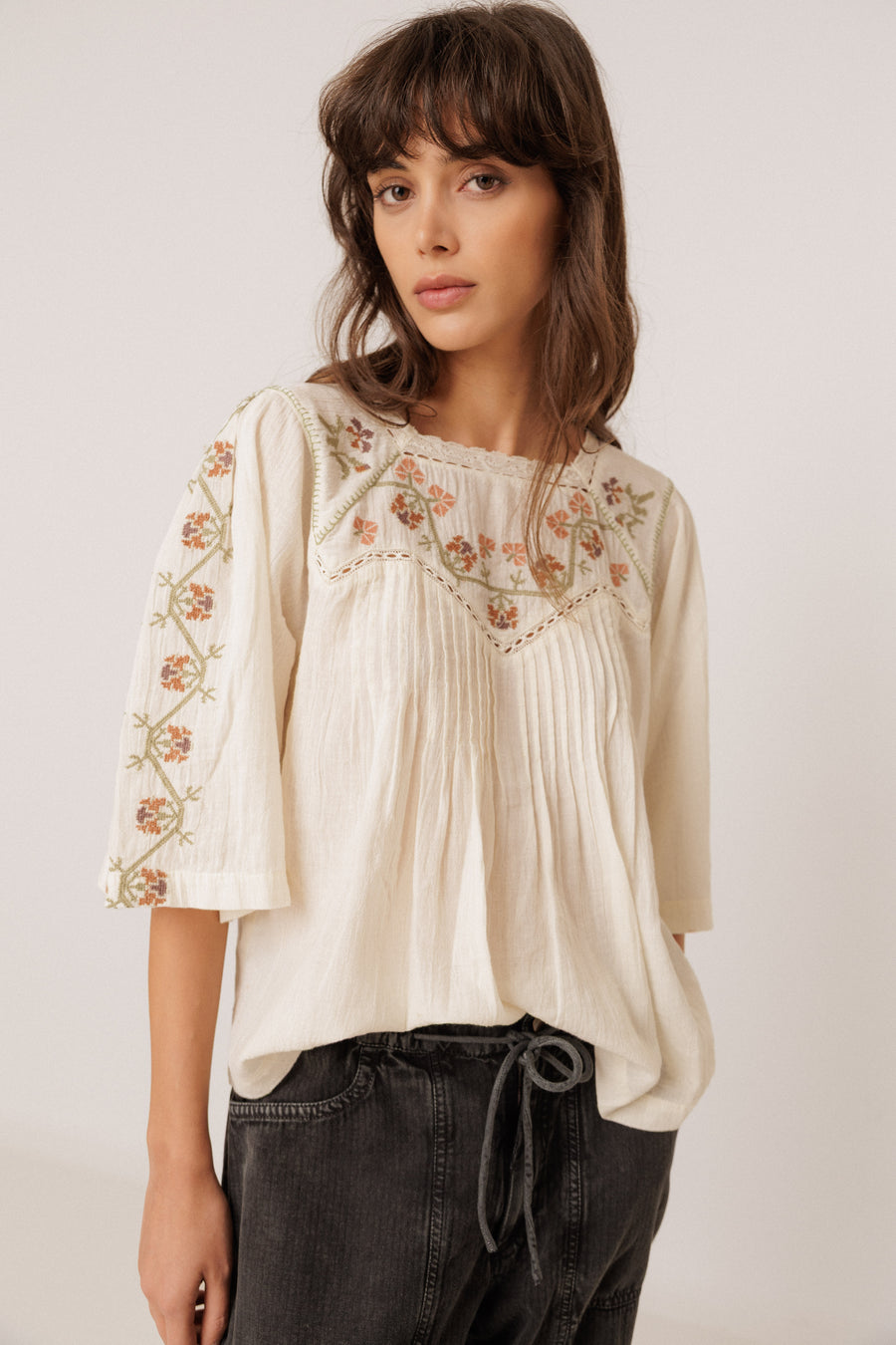 Indi & Cold short sleeved embroidered top - ecru