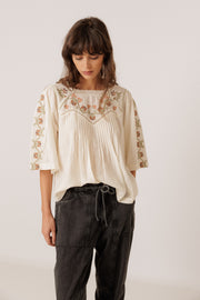 Indi & Cold short sleeved embroidered top - ecru