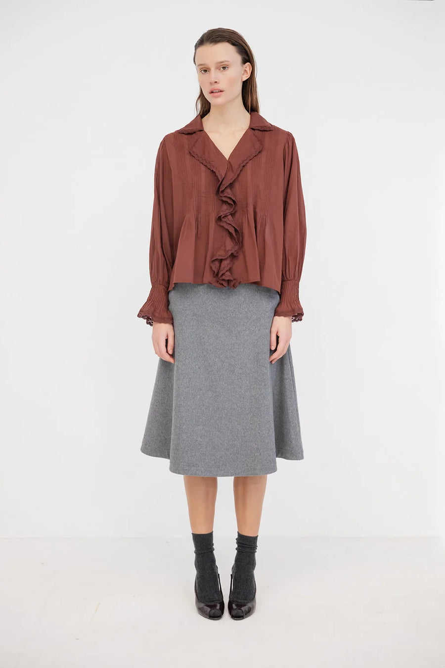 Project AJ117 Galia ruffle top - russet brown