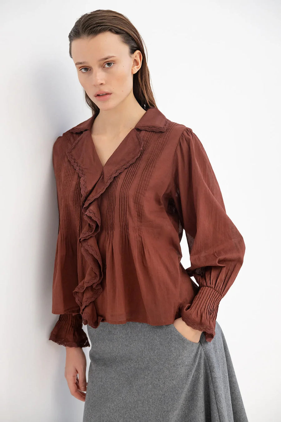Project AJ117 Galia ruffle top - russet brown