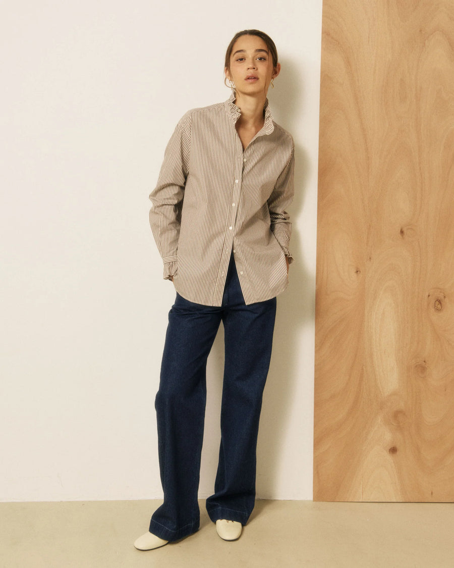 Hartford Chana ruffle neck striped shirt - brown / off white