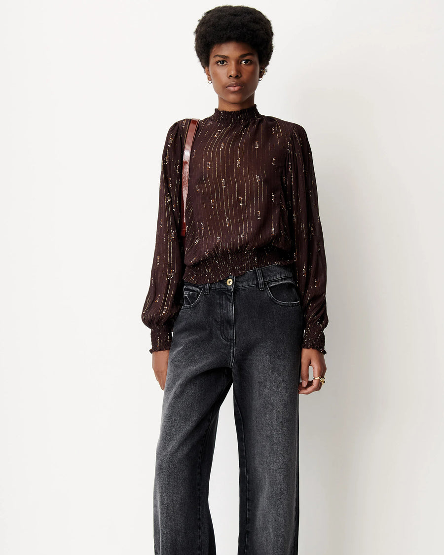 Sessùn Duchess print lurex top - coffee