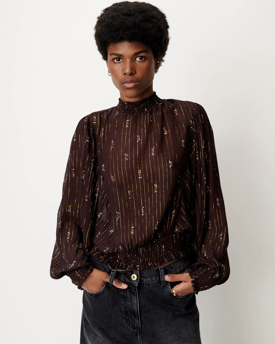 Sessùn Duchess print lurex top - coffee