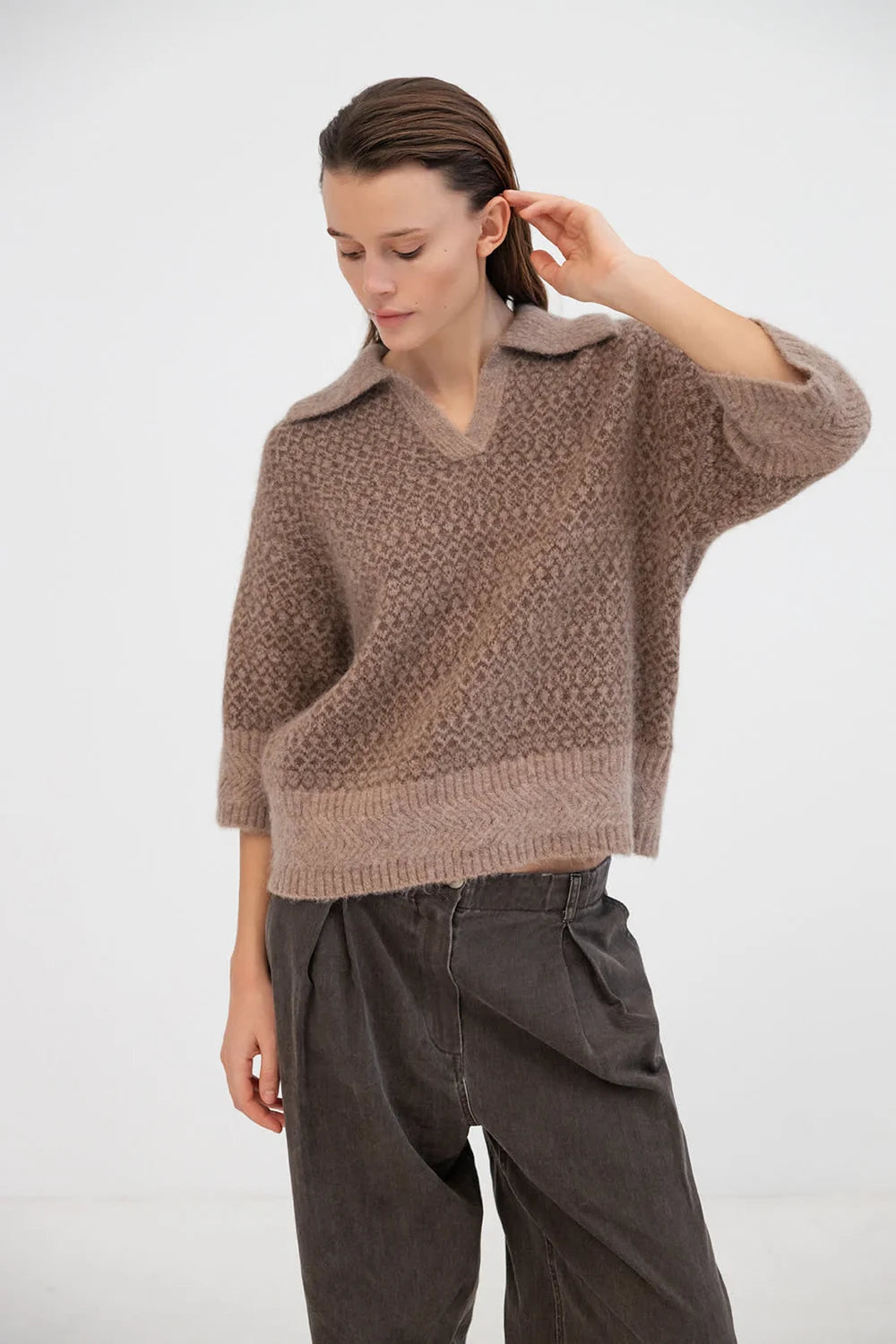 Project AJ117 Noelle short sleeved collared knit - camel walnut