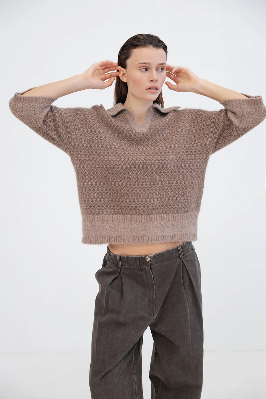 Project AJ117 Noelle short sleeved collared knit - camel walnut