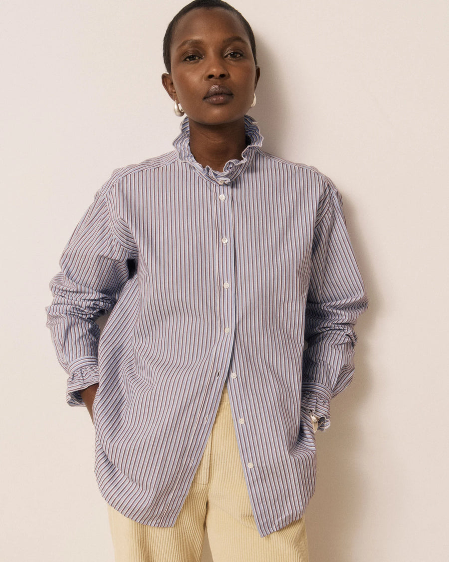 Hartford Chana striped ruffle neck shirt - blue & burgundy
