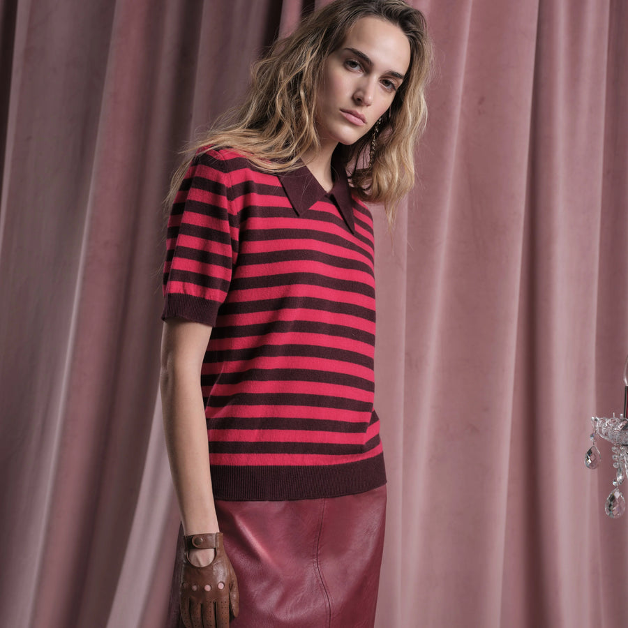 Floor Short sleeve striped wool polo - pink / wine