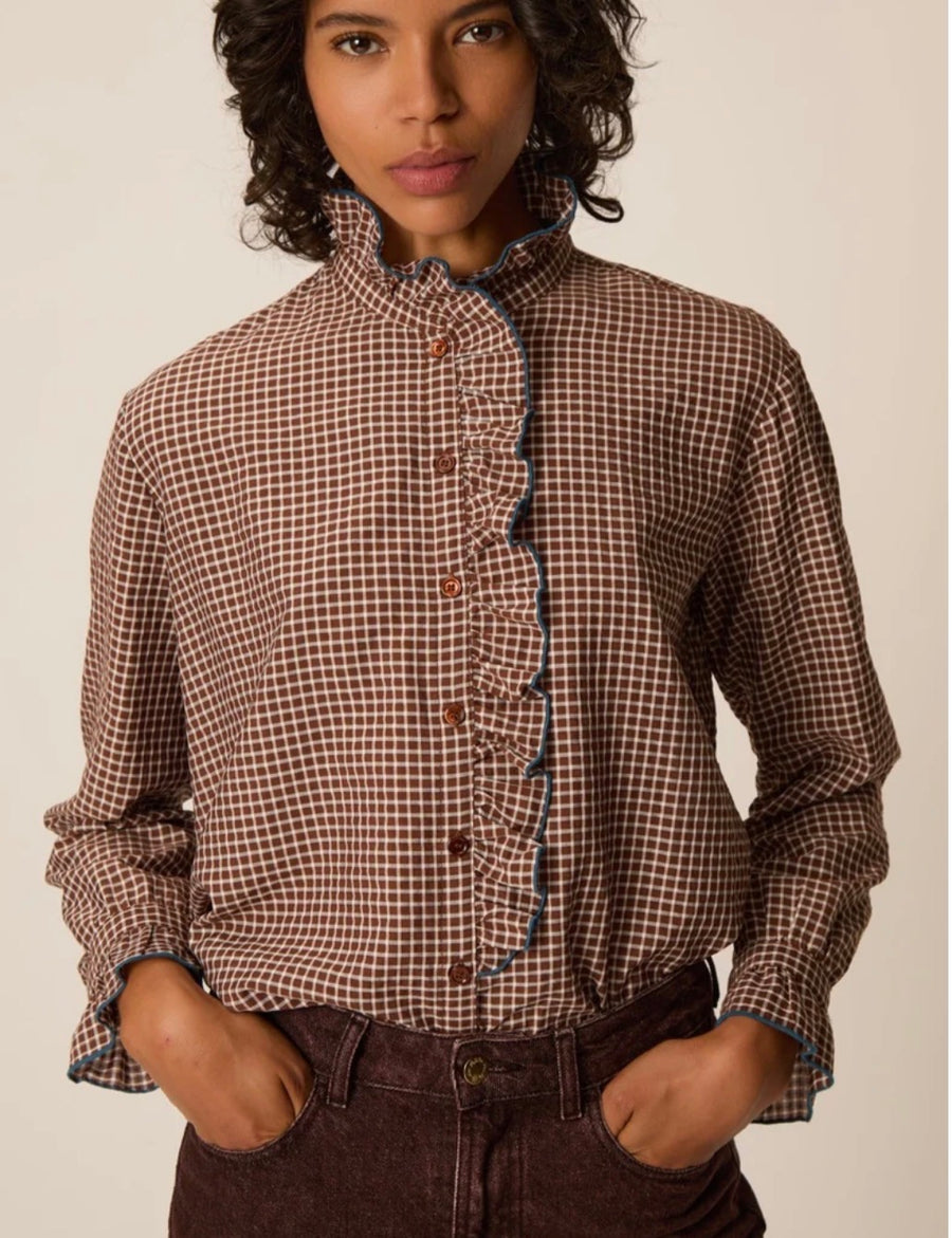 Des Petits Hauts Sulli check ruffle blouse - brown / ecru