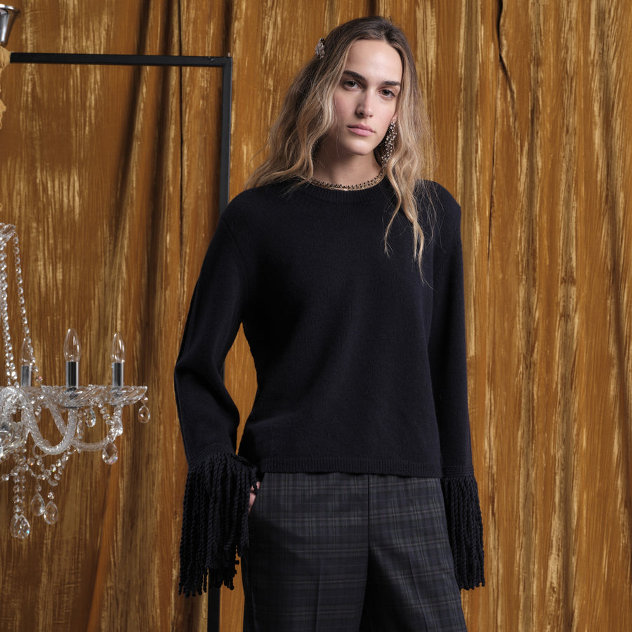 Floor Clothing fringed cuff crew neck jumper - navy