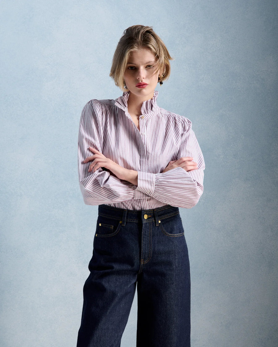 Petite Mendigote Ernastine striped ruffle neck shirt shirt