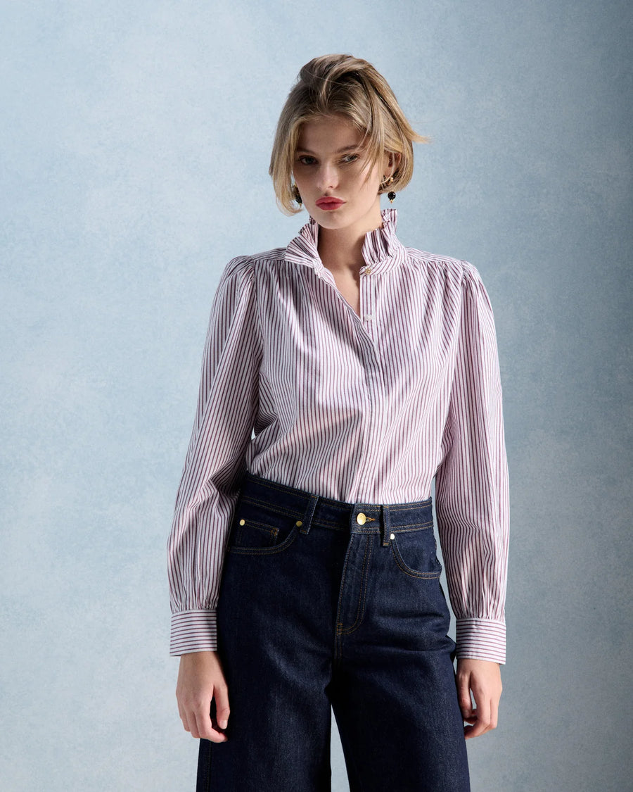 Petite Mendigote Ernastine striped ruffle neck shirt shirt