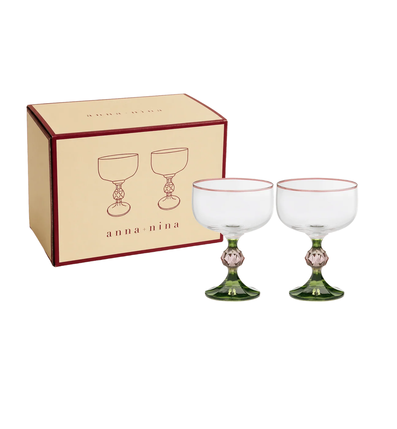 anna + nina Evy set of 2 cocktail glasses - green stems