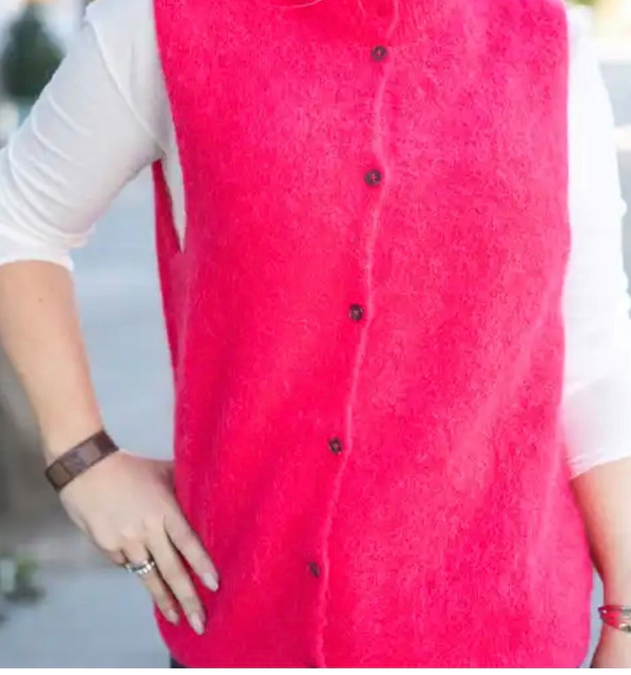 Floor clothing button through wool mix tank - fuschia