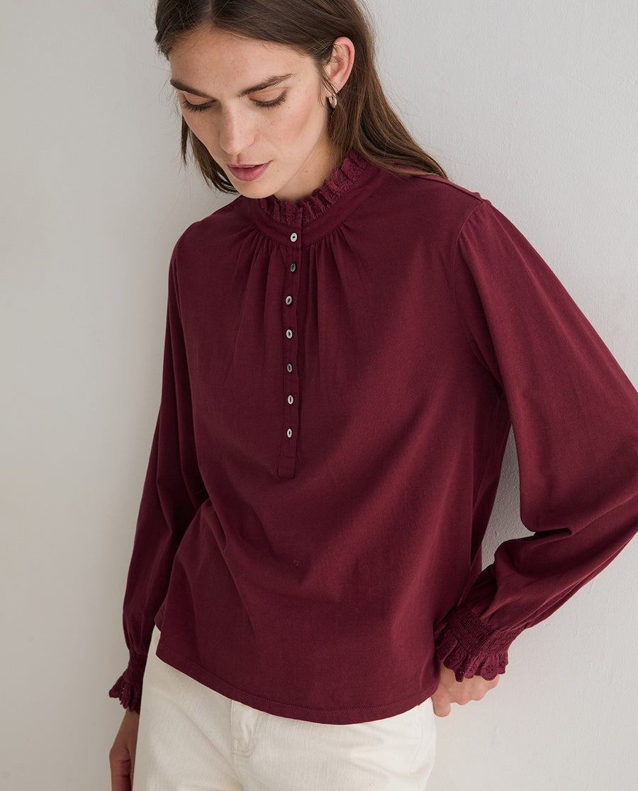 Yerse long sleeved jersey ruffle neck top - wine