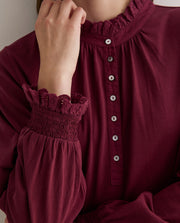 Yerse long sleeved jersey ruffle neck top - wine