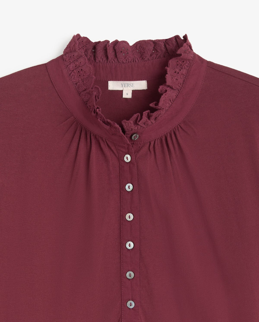 Yerse long sleeved jersey ruffle neck top - wine