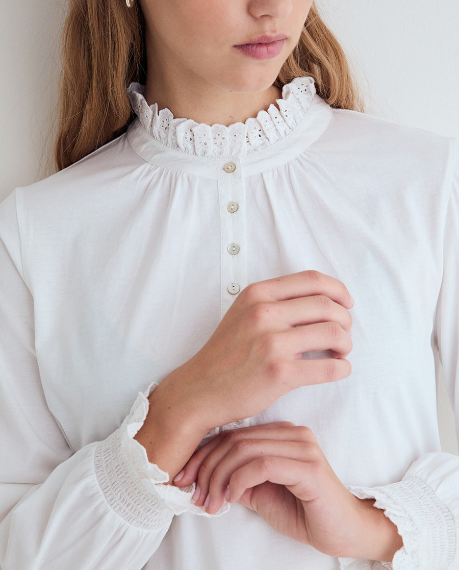 Yerse long sleeved ruffle neck jersey top - white