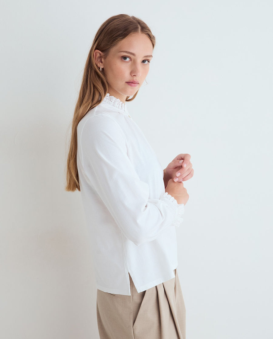 Yerse long sleeved ruffle neck jersey top - white