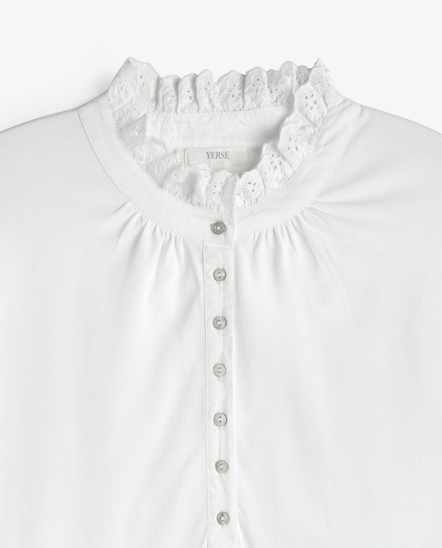 Yerse long sleeved ruffle neck jersey top - white