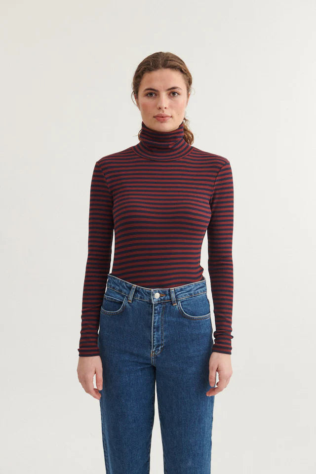 Basic Apparel Ludmilla striped roll neck top - Bordeaux / blue