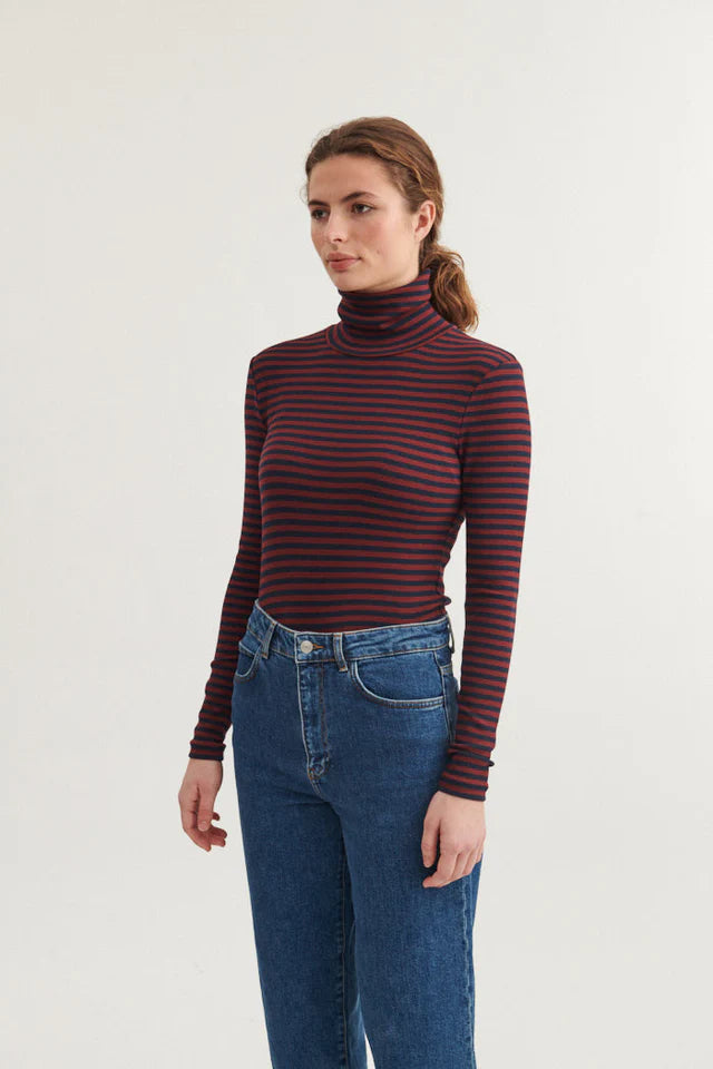 Basic Apparel Ludmilla striped roll neck top - Bordeaux / blue
