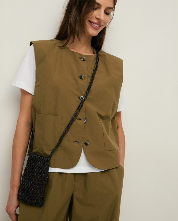 Yerse poplin button through vest top - khaki