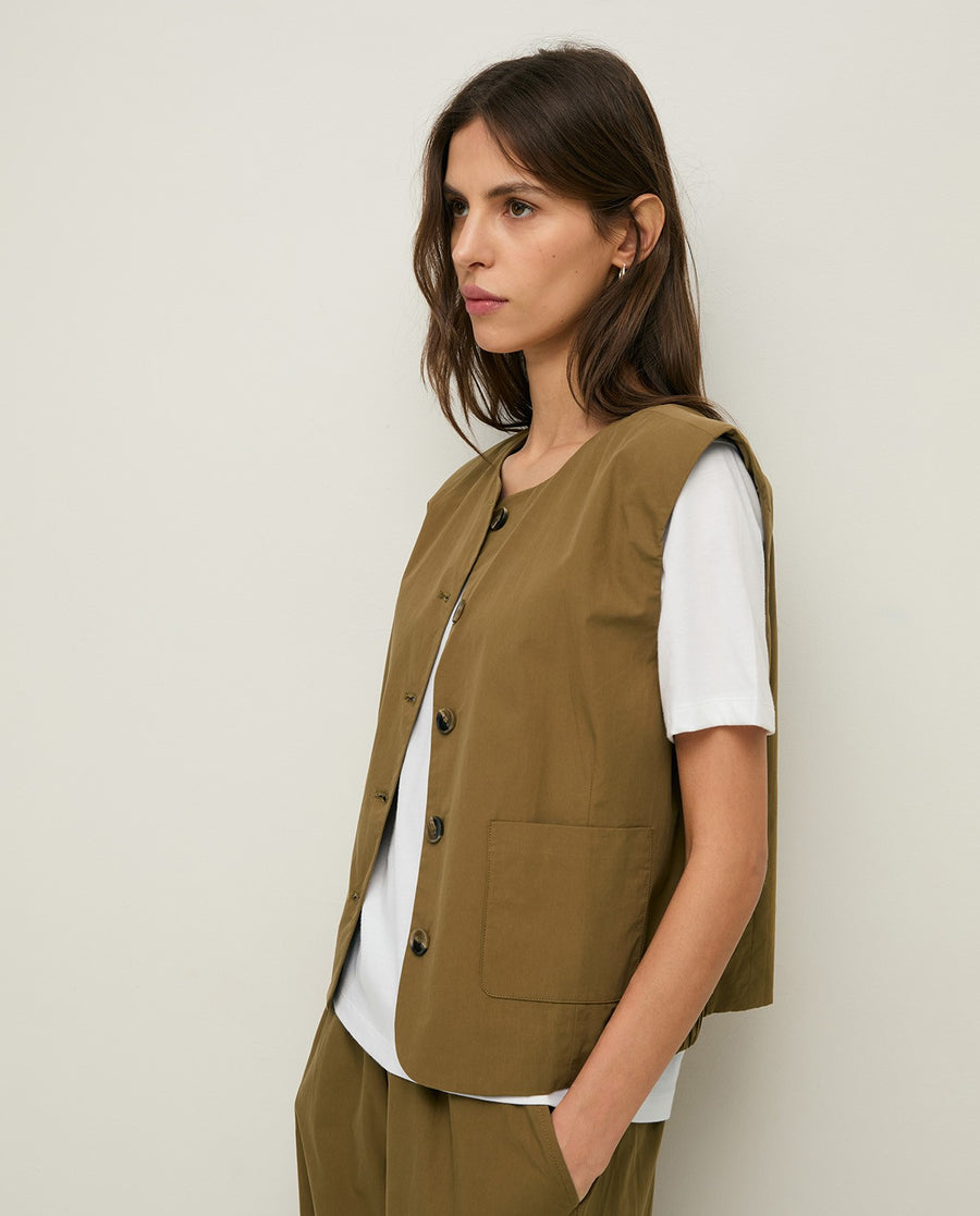 Yerse poplin button through vest top - khaki