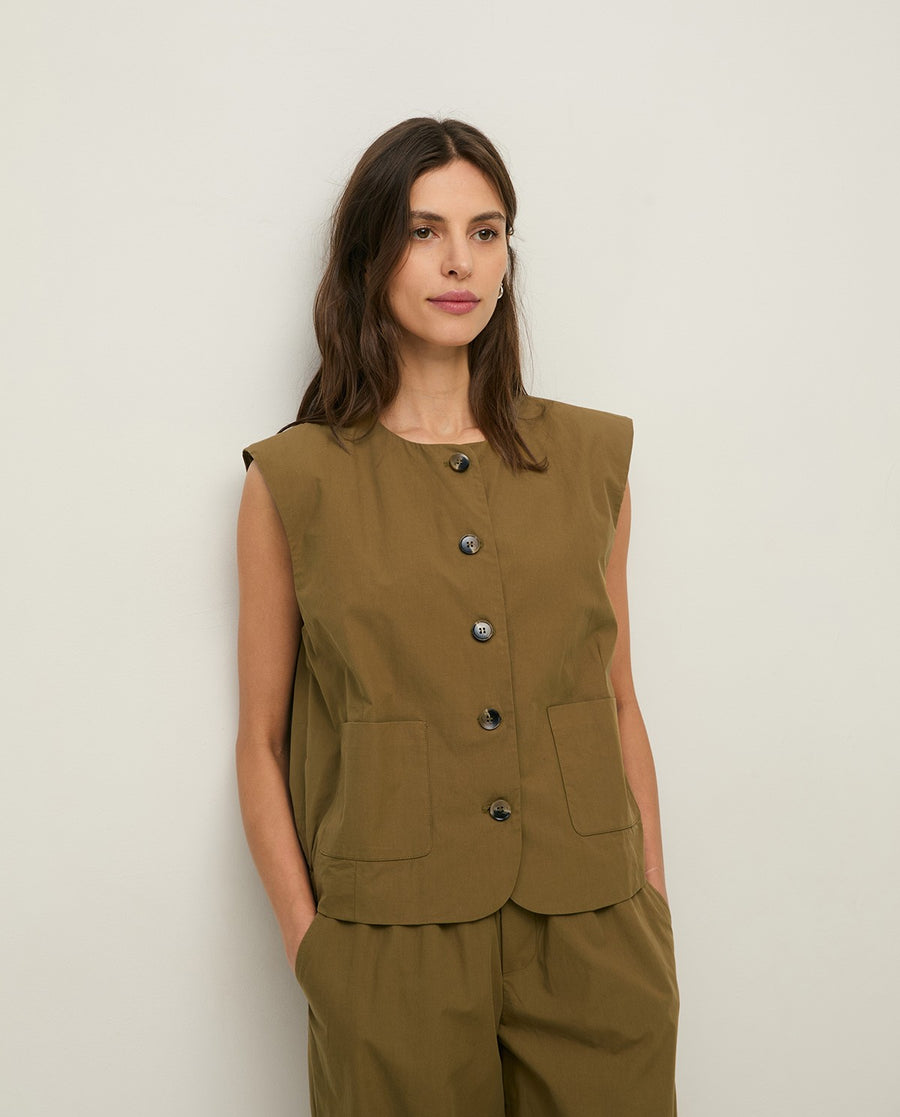 Yerse poplin button through vest top - khaki