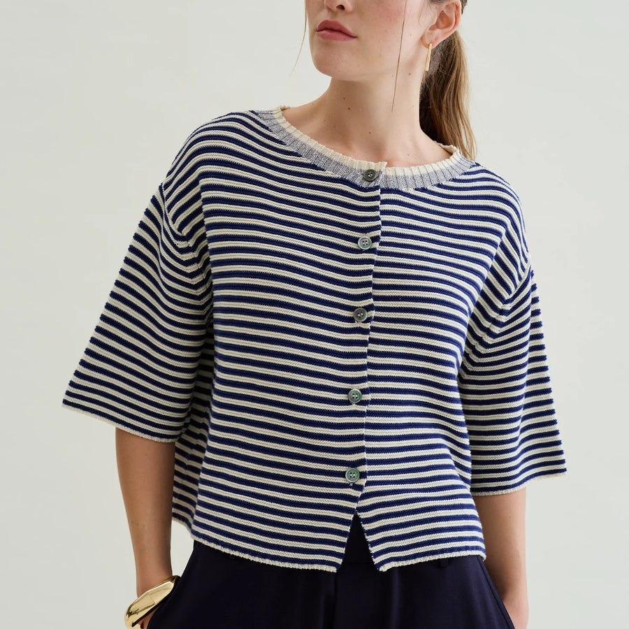 Floor striped 3/4 sleeve cardigan - navy / ecru