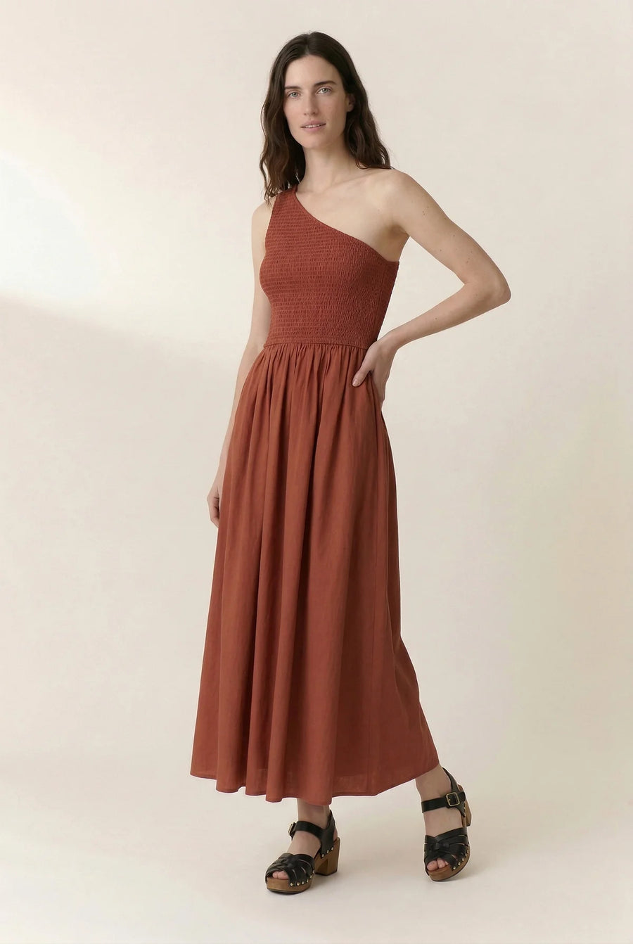 Leon + Harper Rahul one shoulder dress - terracotta