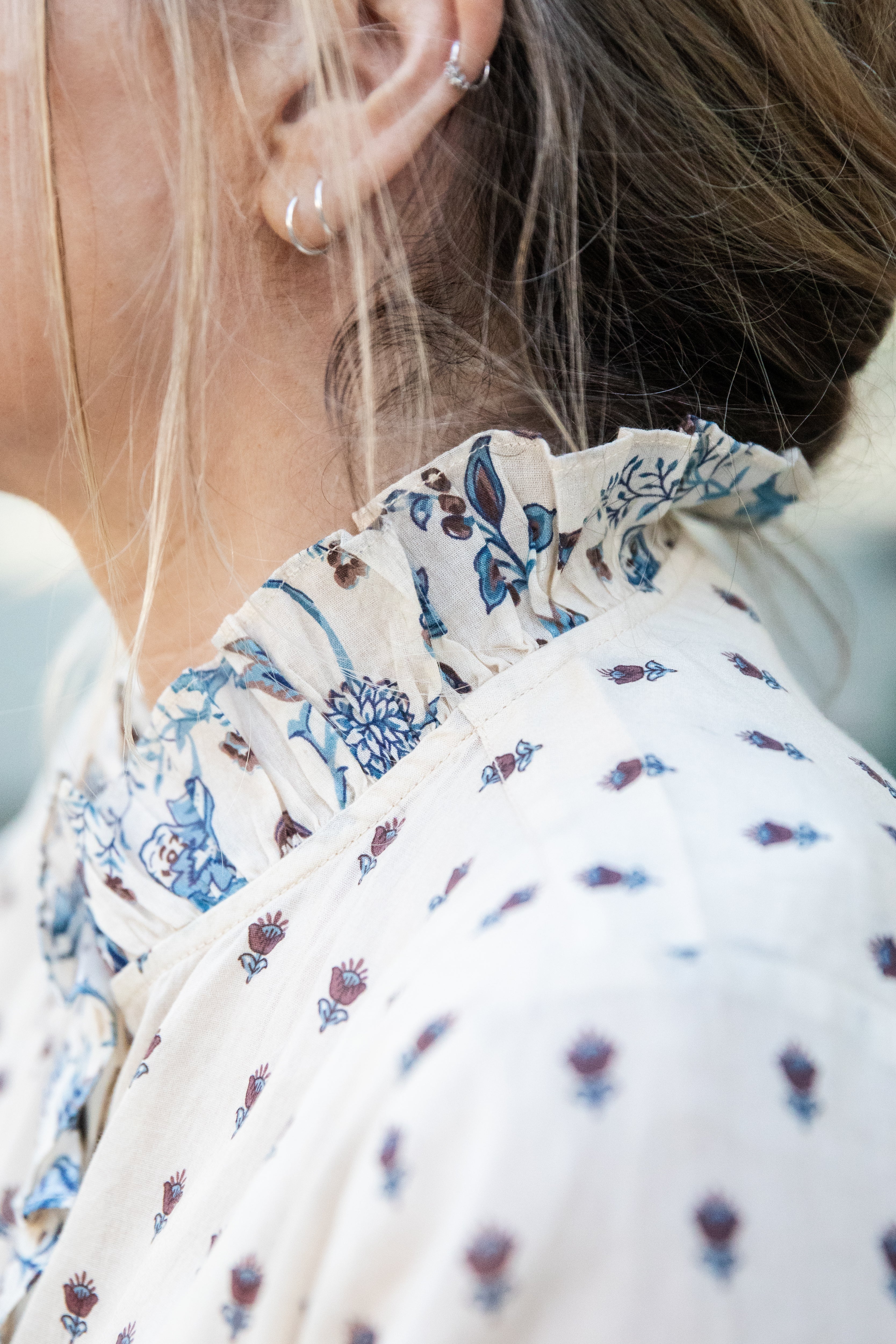 Petite Mendigote Talcy block print ruffle top - ecru