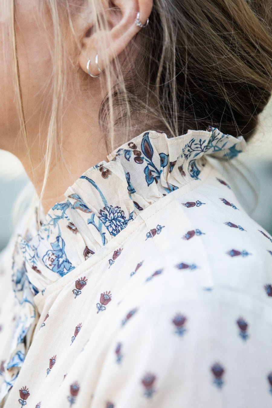 Petite Mendigote Talcy block print ruffle top - ecru