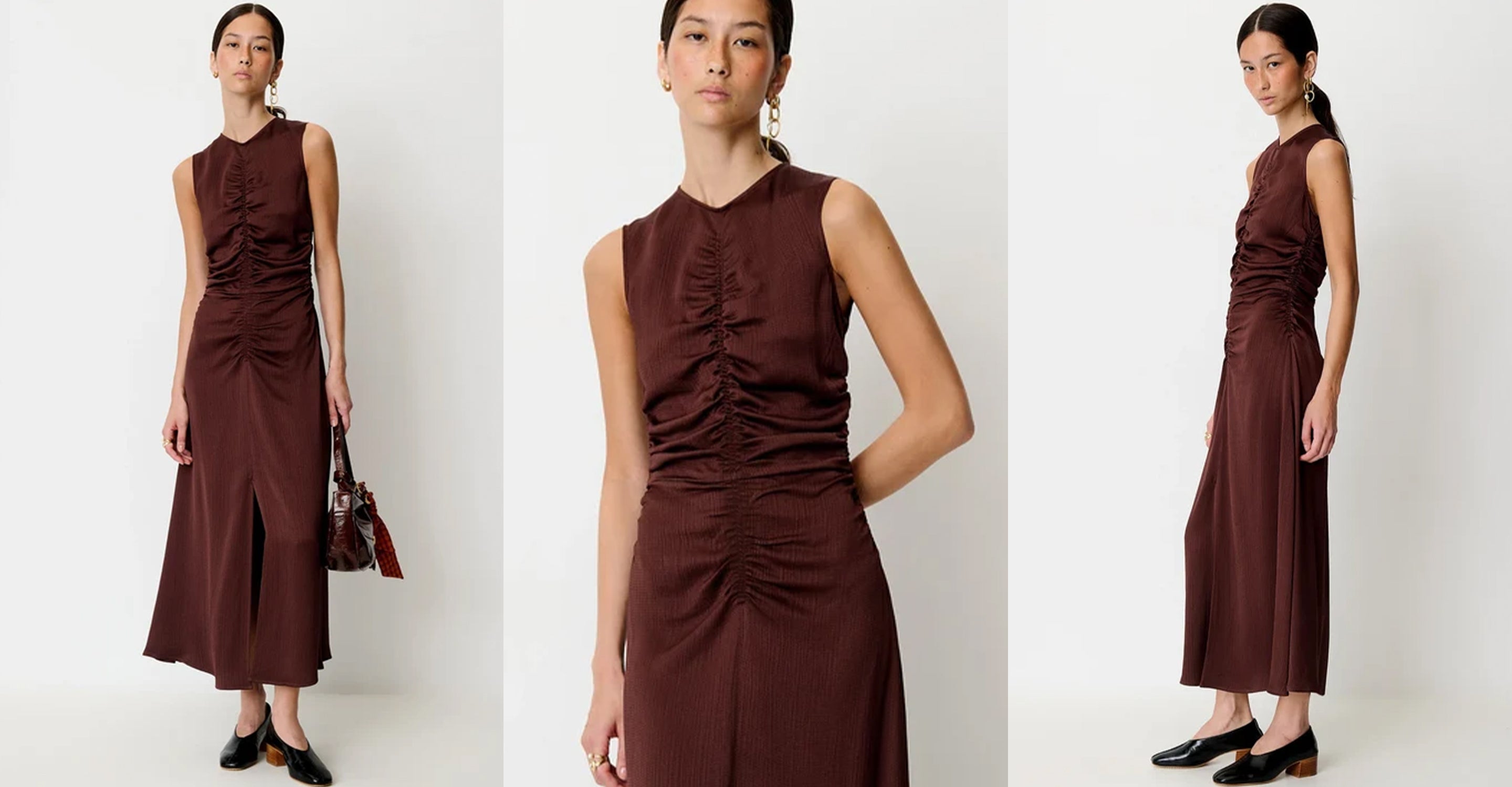 A woman modeling a sleeveless dark brown ruched midi dress shown in three views against a plain light background.